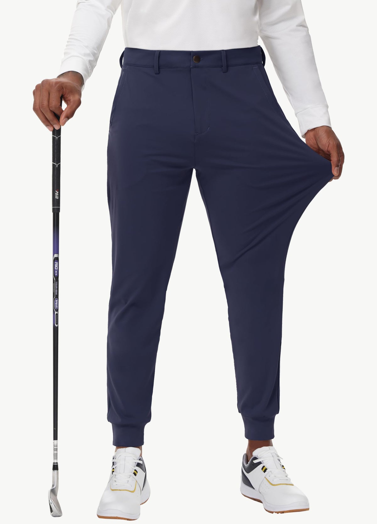 JWM joggers show inner silicone grippers to keep shirts tucked during swings.