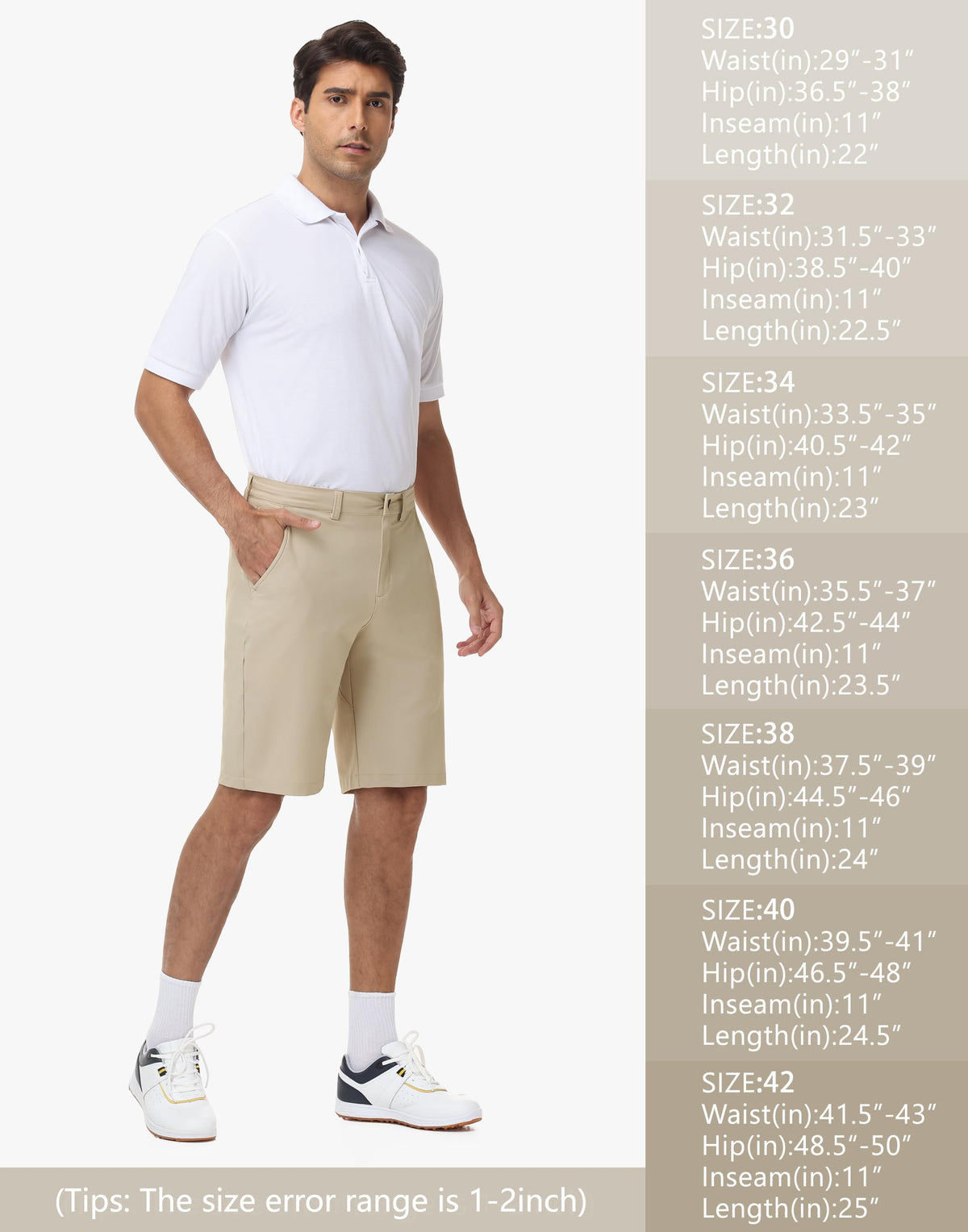 JWM mens stretch golf shorts UPF50 fabric provides sun protection and wrinkle resistance.