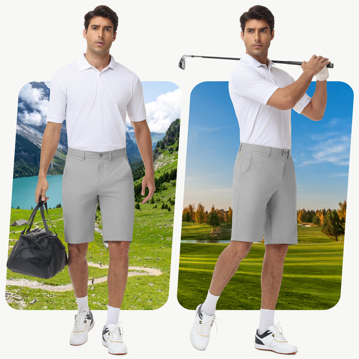 JWM men's stretch golf shorts UPF50+ fabric for sun protection.