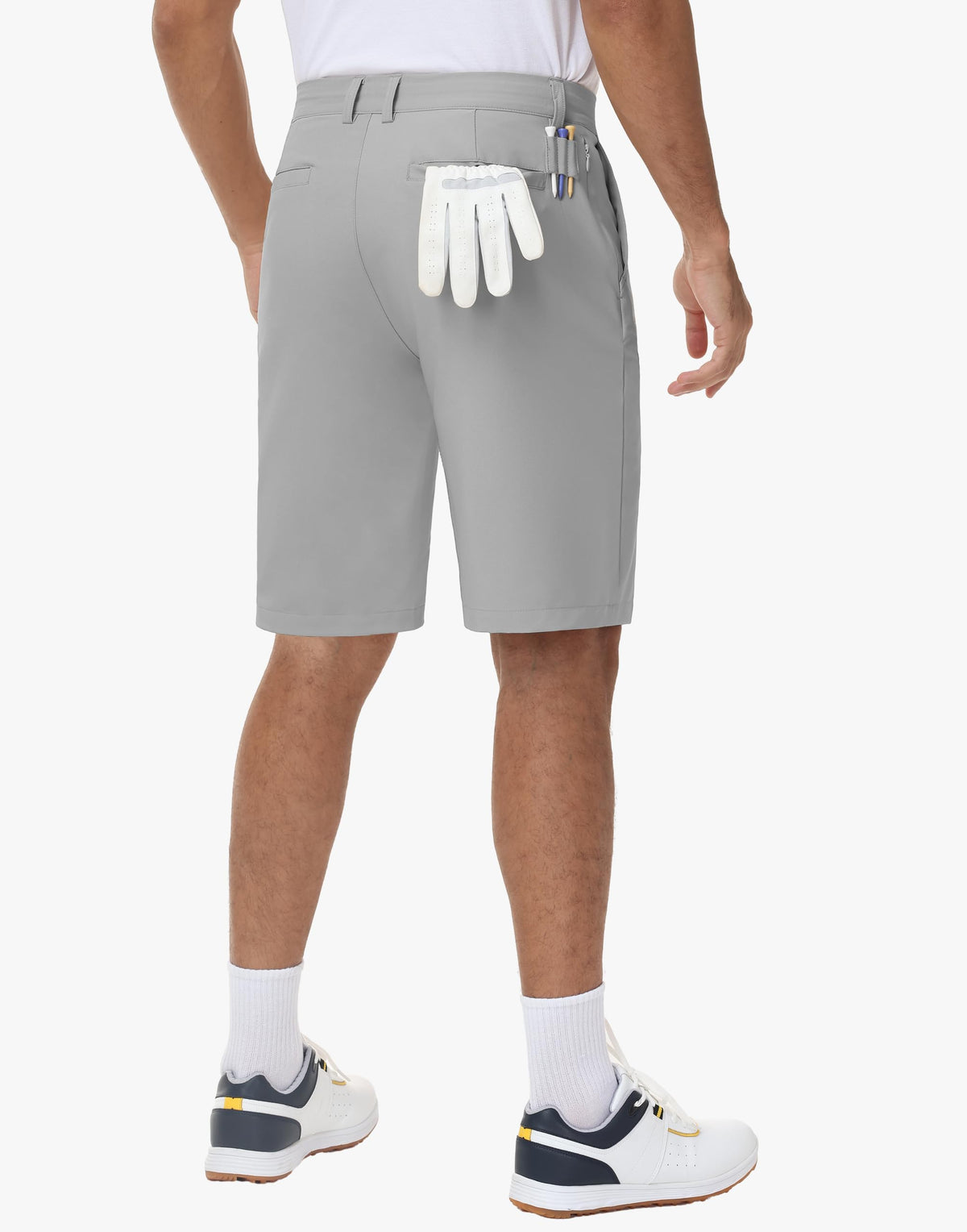 JWM men's stretch golf shorts waistband detail with inner silicone grip.