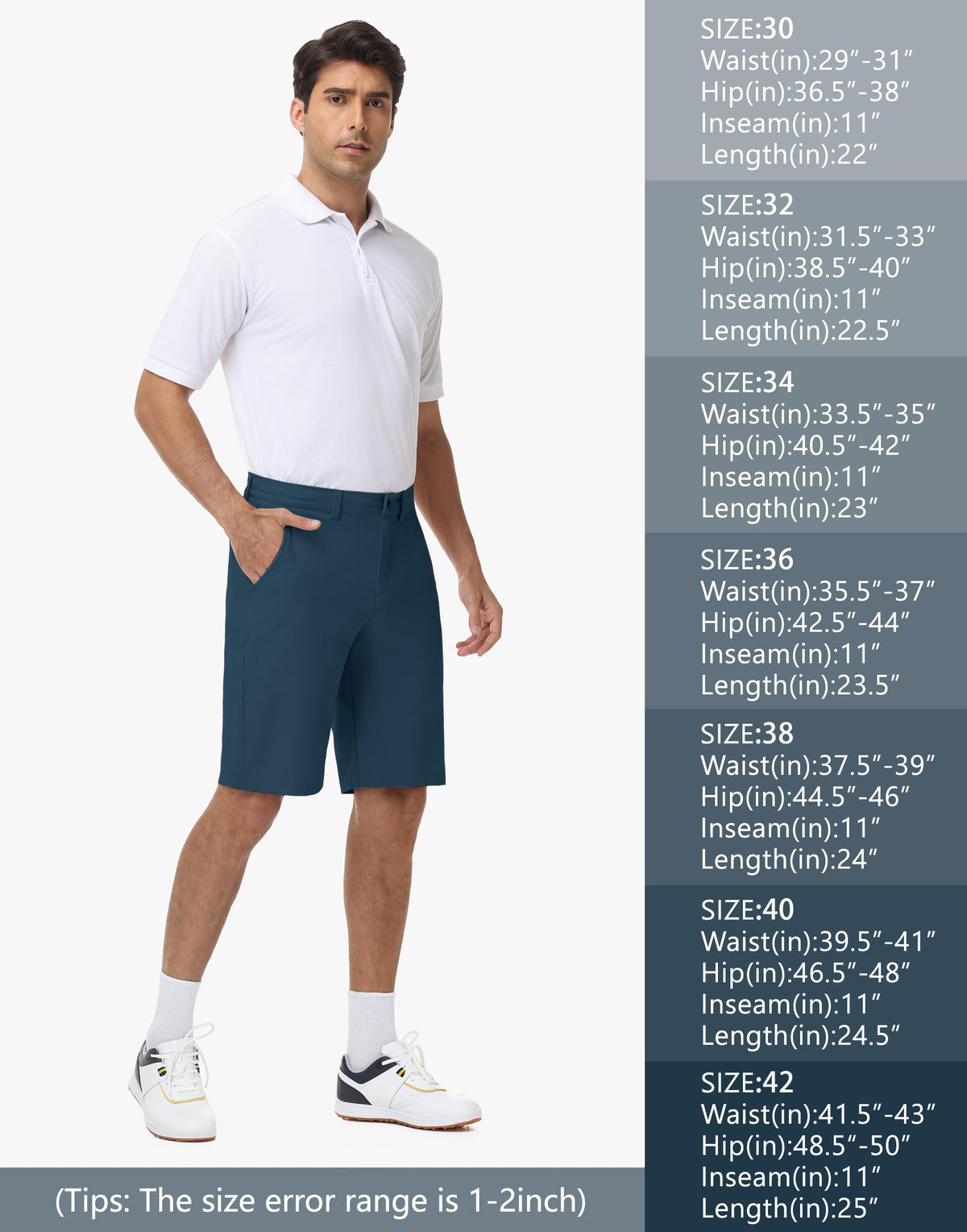 JWM shorts display wrinkle-resistant, easy-care fabric for everyday wear.