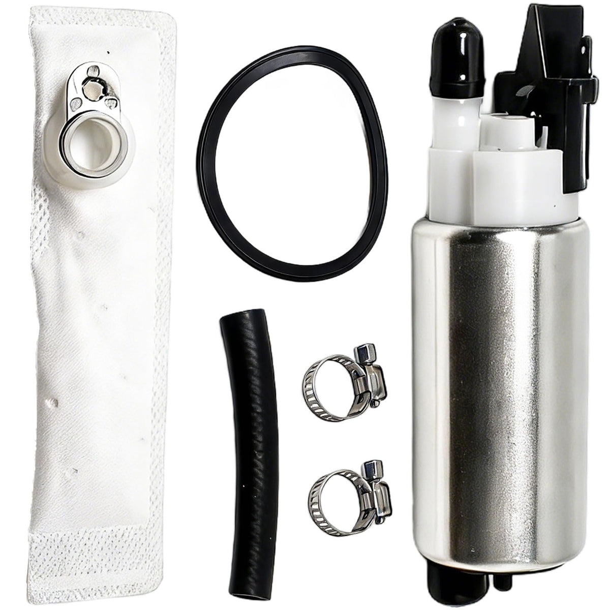 JXQVWYKZF fuel pump front view shows durable metal housing for Cushman E-Z-Go.