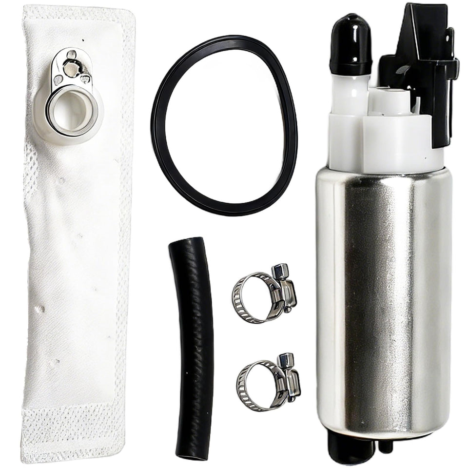 JXQVWYKZF fuel pump front view shows durable metal housing for Cushman E-Z-Go.