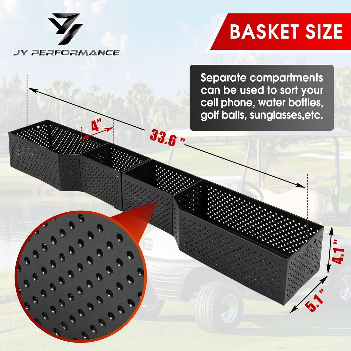 JY PERFORMANCE heavy-duty steel frame ensures sturdy front storage.