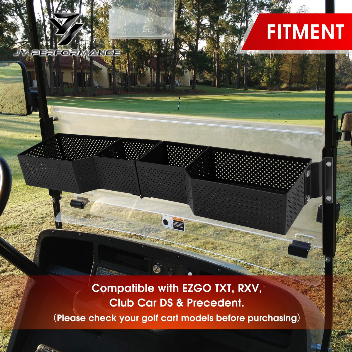 JY PERFORMANCE front inner basket on Club Car DS adds extra front tray space.