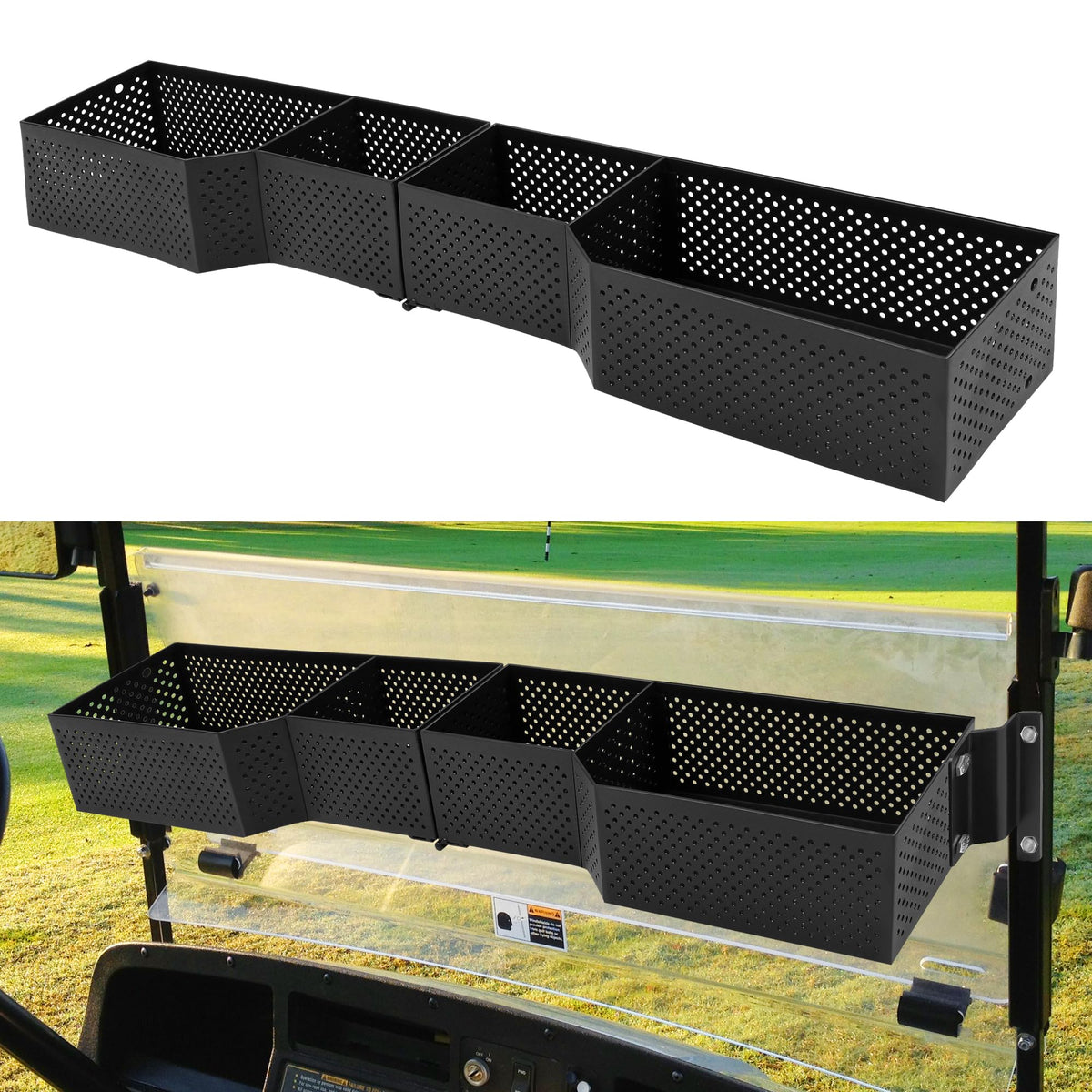 JY PERFORMANCE front inner basket on EZGO TXT keeps golf essentials neatly organized.