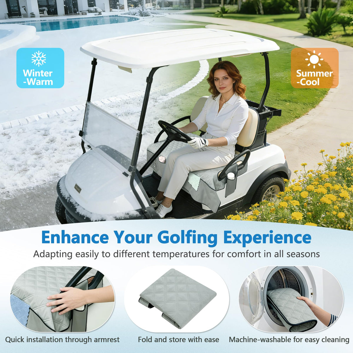 KAAMOS universal 2-seat cover fitted on a cart for EZGO Yamaha Club Car