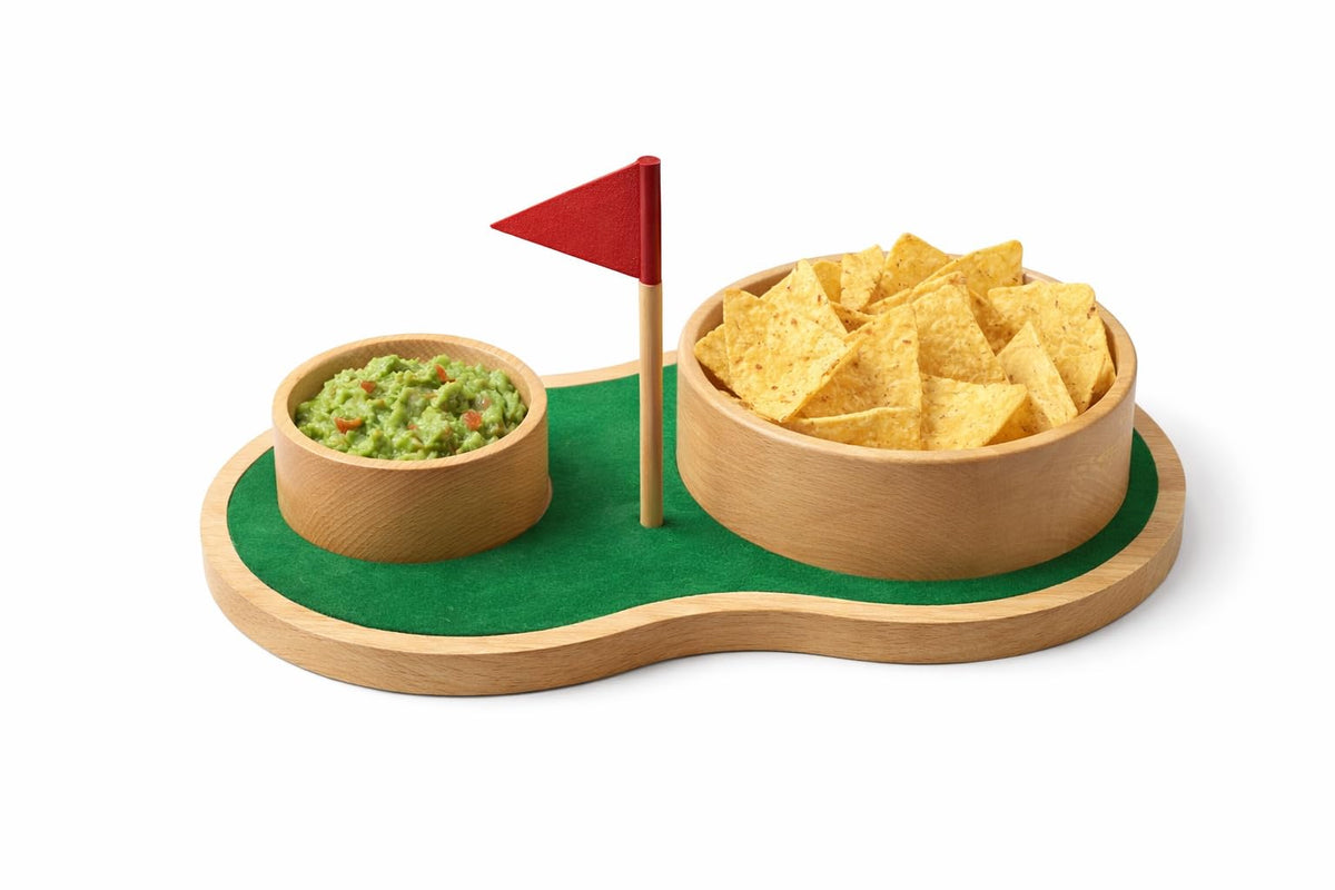 KAAS HAUS golf chip and dip bowls on green serving board for easy entertaining.