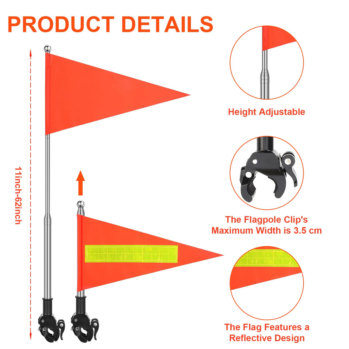 Kabcifea orange safety flag with reflective strip enhances daytime signaling.