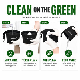 Kairsya golf-ball-cleaner-bag showing 2-in-1 system for grooves and ball surfaces.