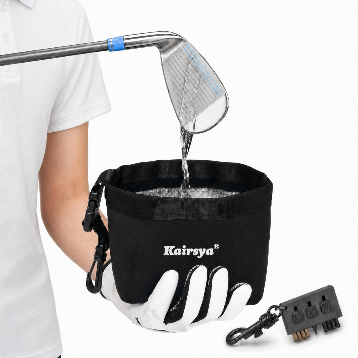 Kairsya golf cleaner bag with leakproof liner for on-course mess-free cleaning.