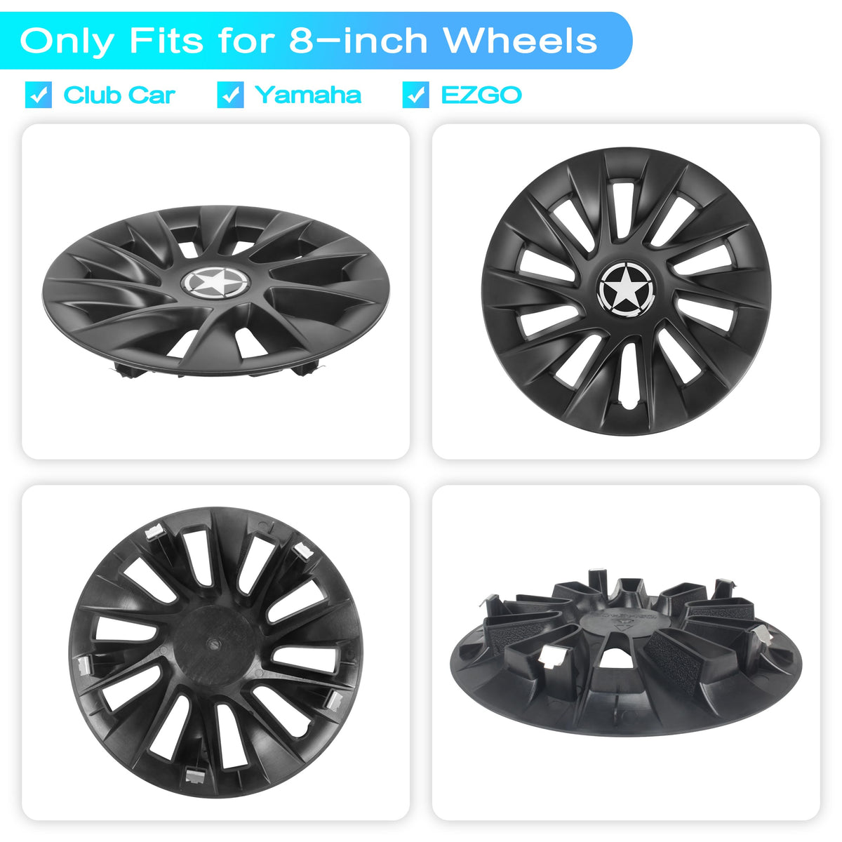 KAKABAS 8in hub cap matte black installation demonstrates tool-free snap-on ease.