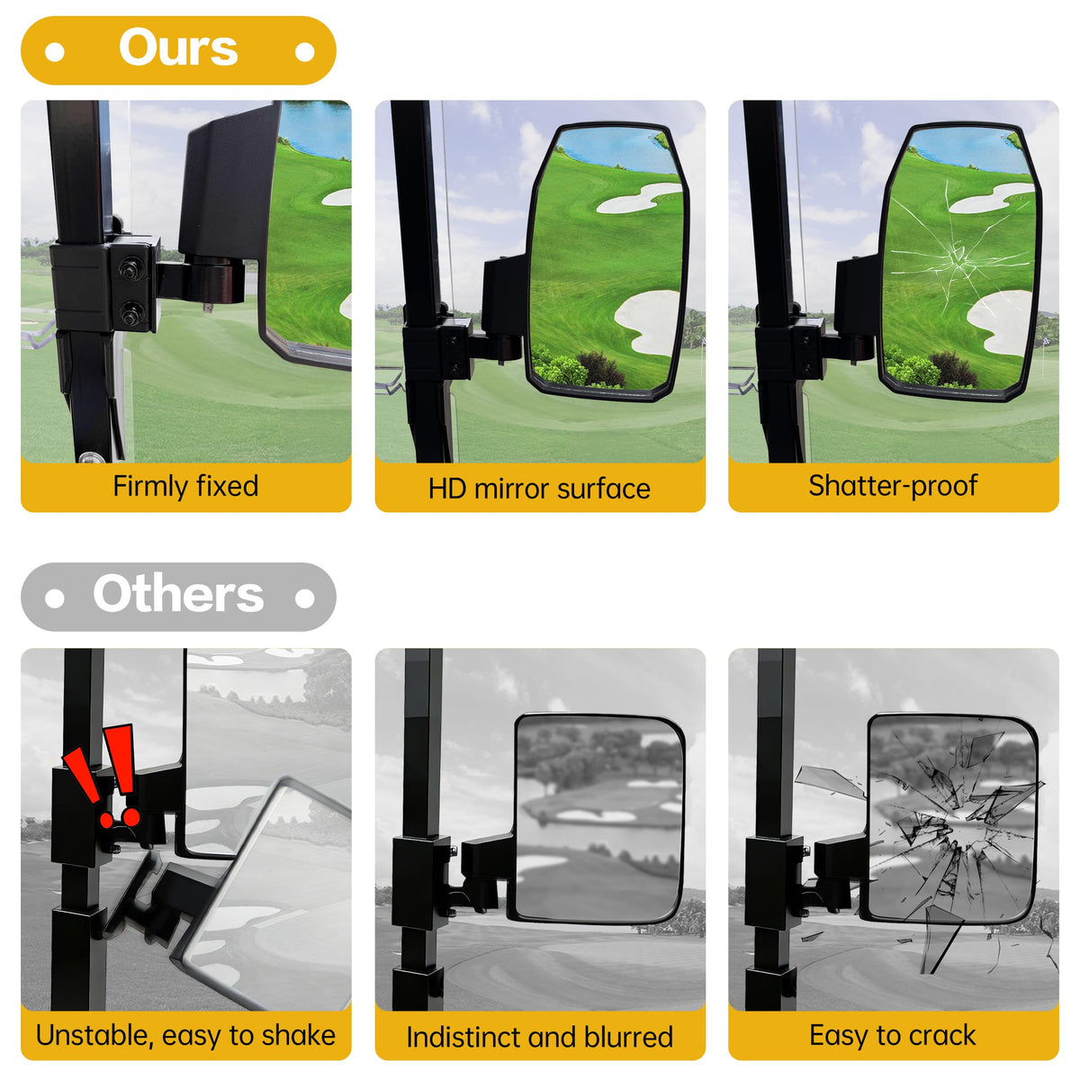 KAKABAS Club Car EZGO Yamaha compatible mirror enhances rear awareness.