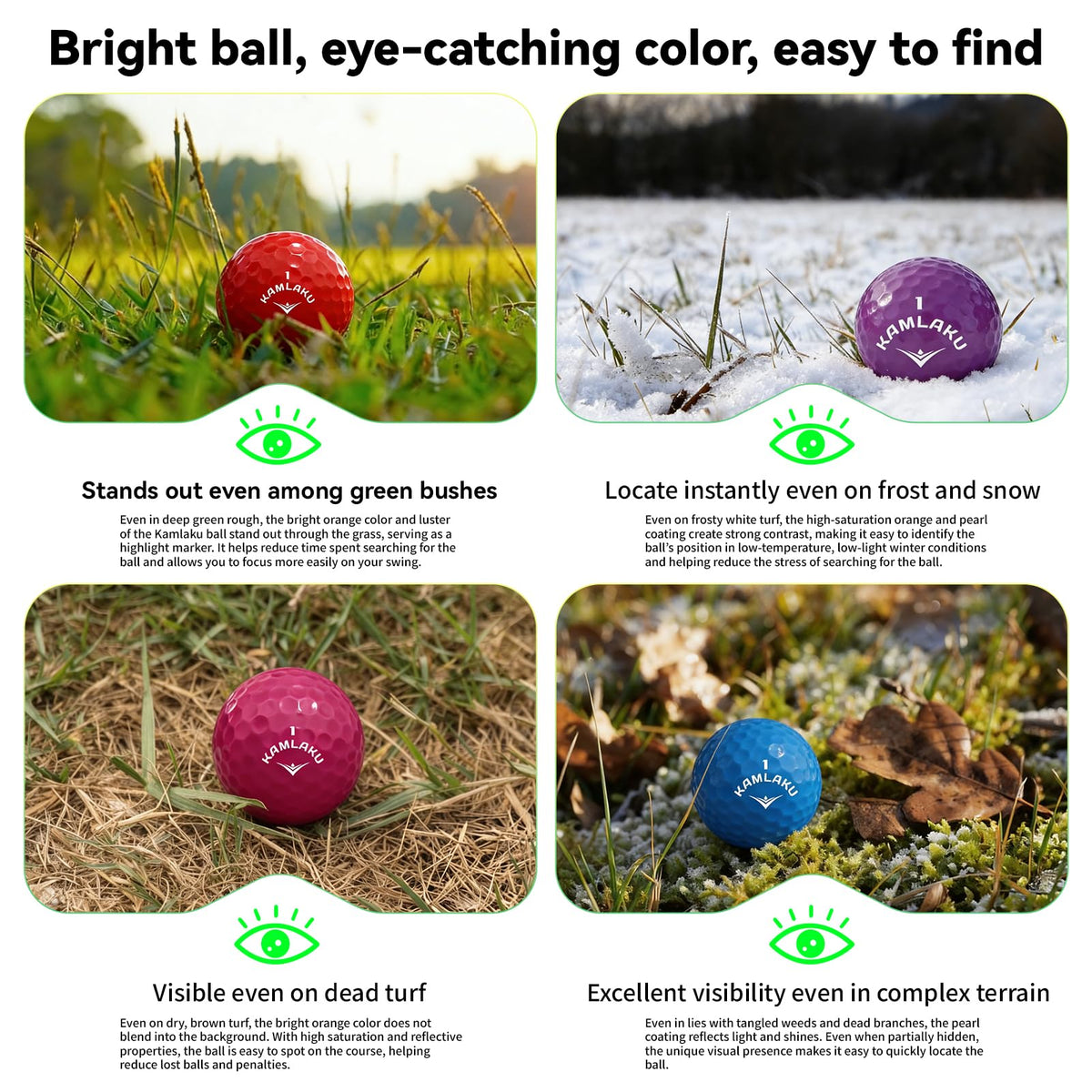 Kamlaku 2-piece colored golf balls designed for ease of finding.