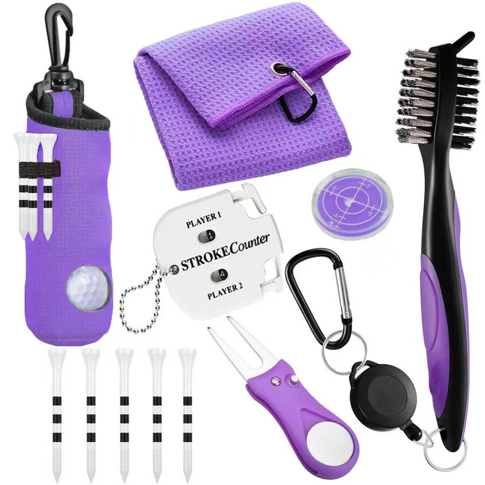 Karamagic 11-pcs golf accessories kit with purple towel and hook brush for on-course cleaning