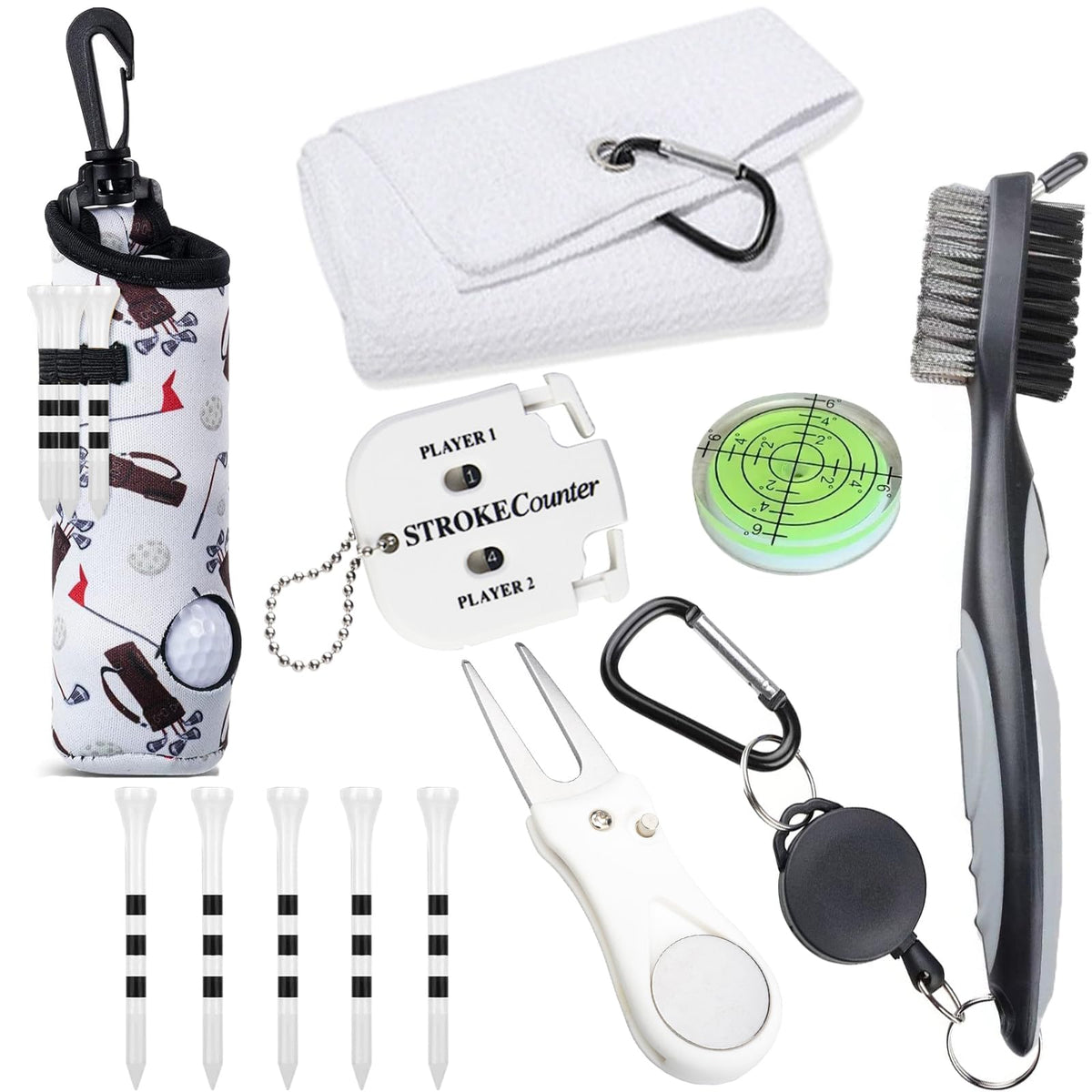Karamagic golf towel with hook attached to bag for quick on-course cleanups.