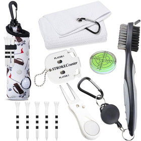 Karamagic golf towel with hook attached to bag for quick on-course cleanups.