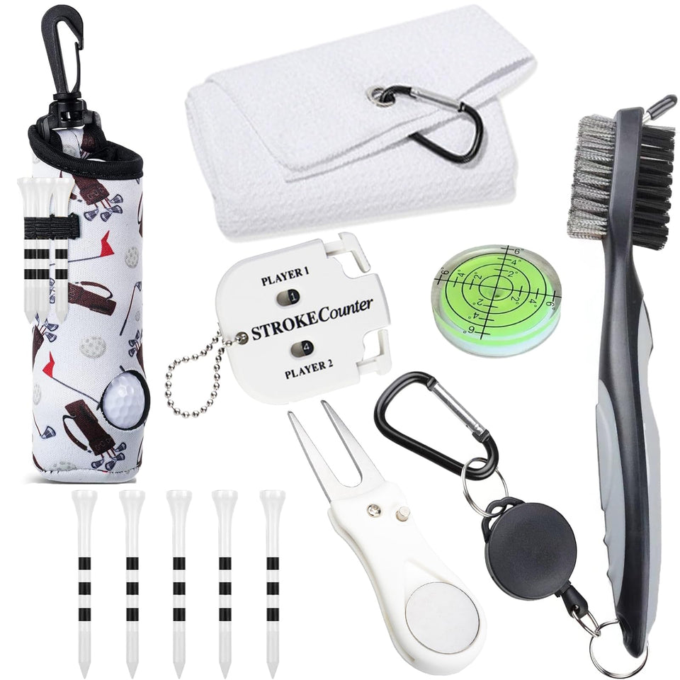 Karamagic golf towel with hook attached to bag for quick on-course cleanups.