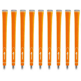 Karma Neion II orange golf grip close-up shows tacky surface for secure grip