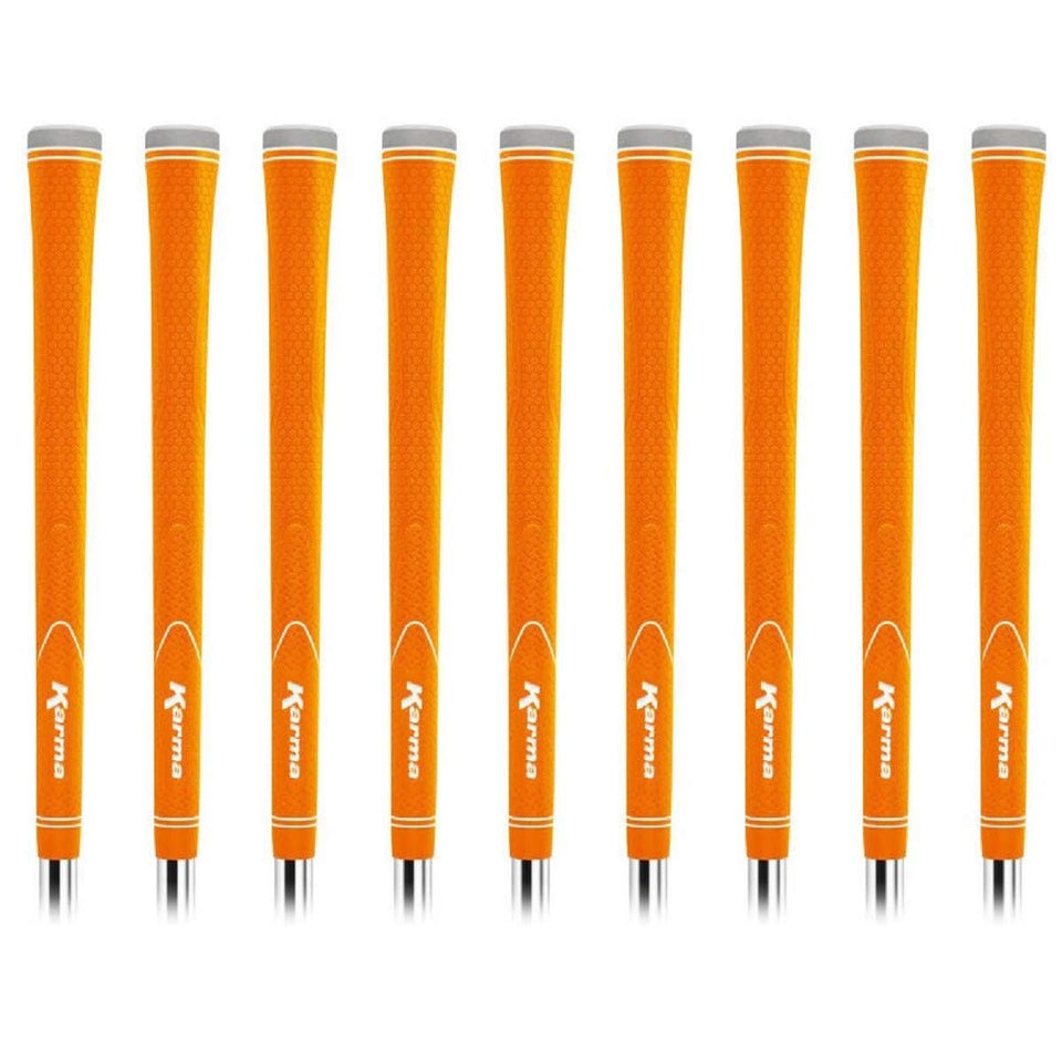 Karma Neion II orange golf grip close-up shows tacky surface for secure grip