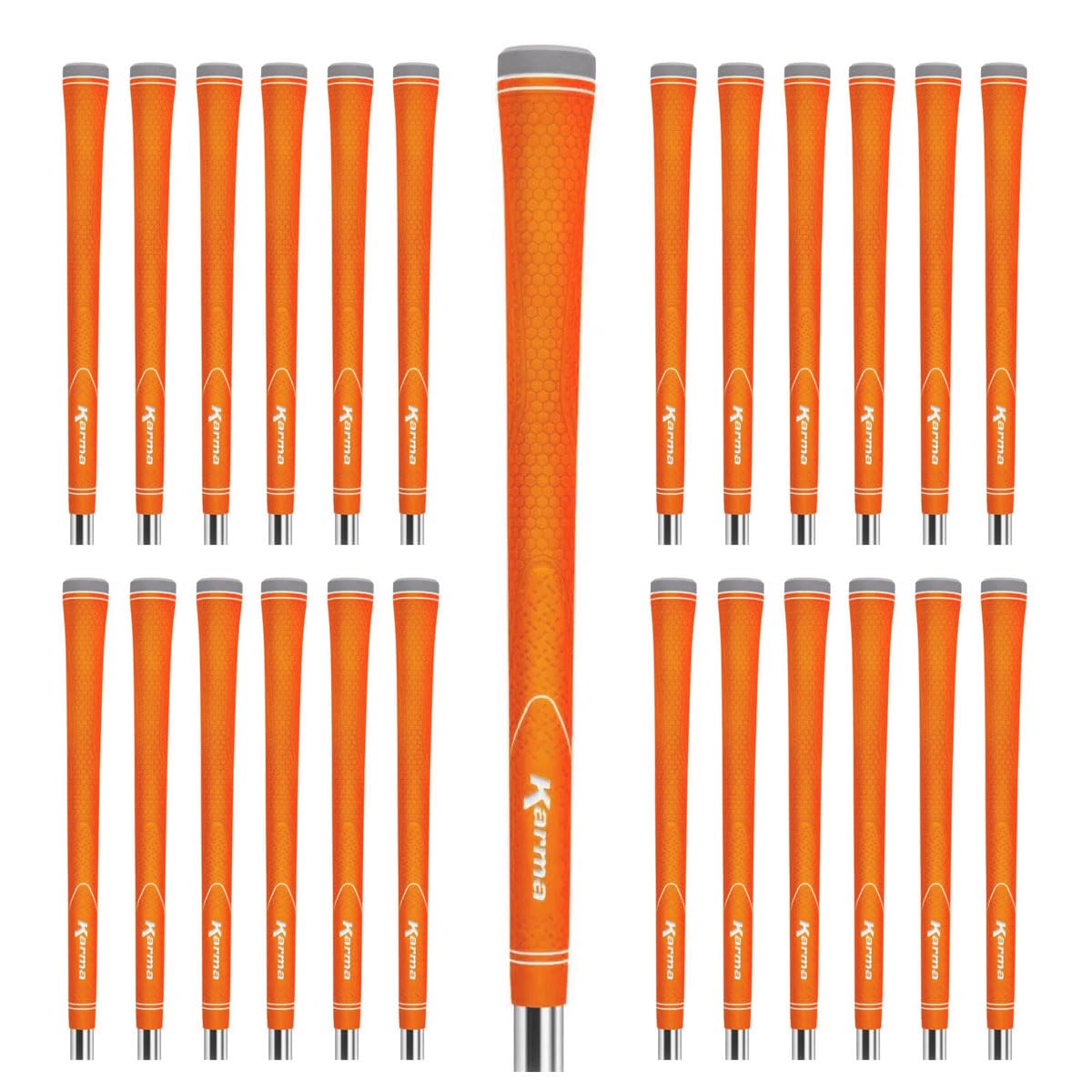 Karma Neion II orange golf grips pack shows vibrant color options for regripping multiple clubs.