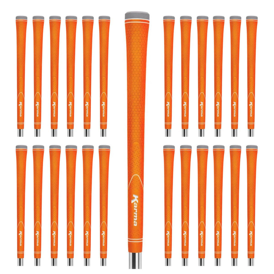 Karma Neion II orange golf grips pack shows vibrant color options for regripping multiple clubs.
