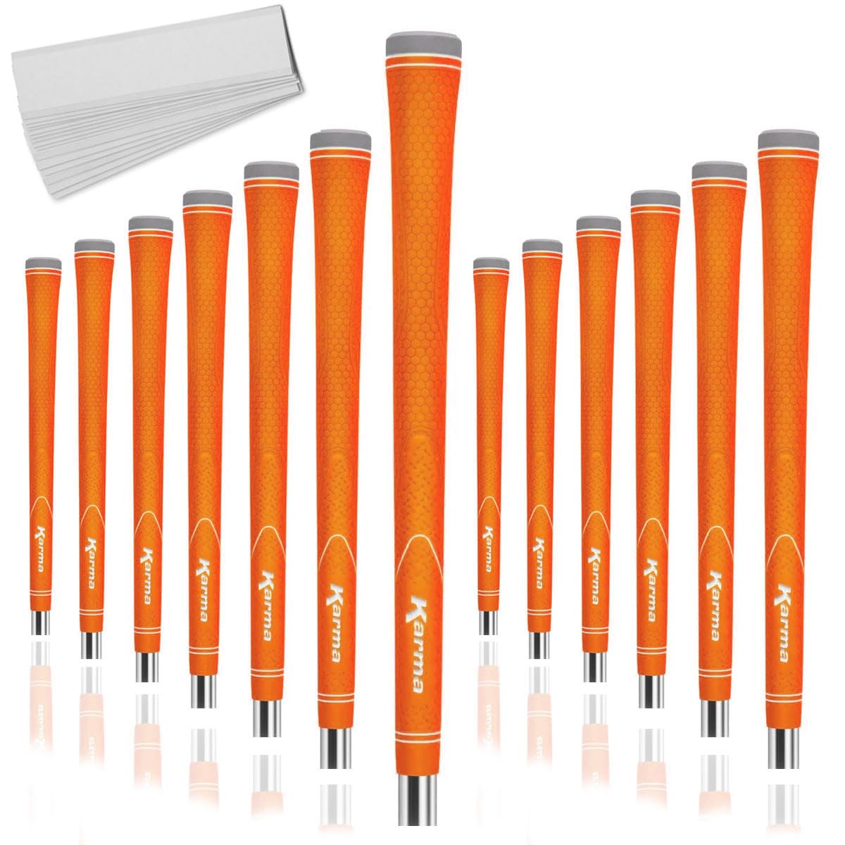 Karma Neion II orange golf grips on clubs for balanced feel and control