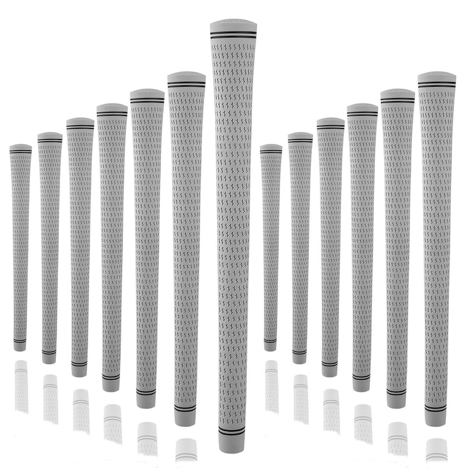 Karma Revolution 360 gray midsize grips front view showing comfortable grip feel.