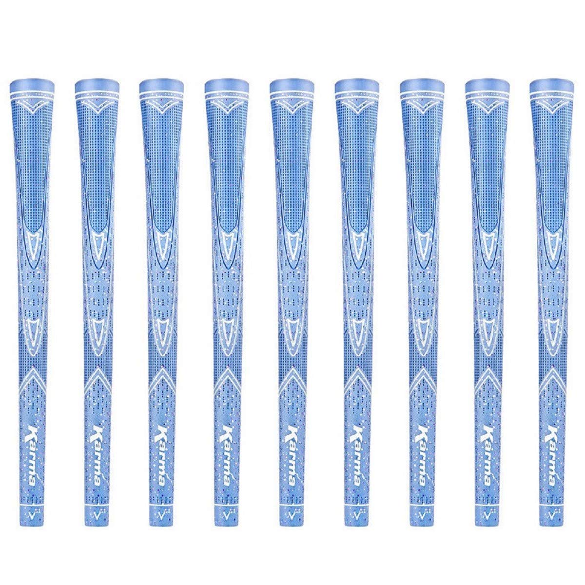 Karma Sparkle light blue golf grips for women in a 9-pack, slip-resistant and soft.
