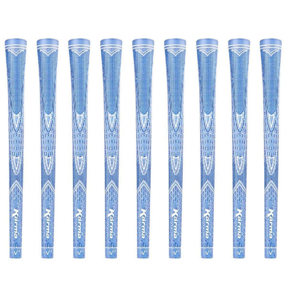 Karma Sparkle light blue golf grips for women in a 9-pack, slip-resistant and soft.