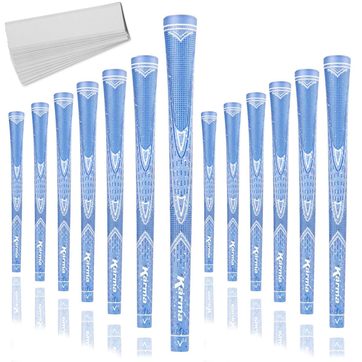 Karma Sparkle light blue golf grips for women with glitter speckles and slip resistance.