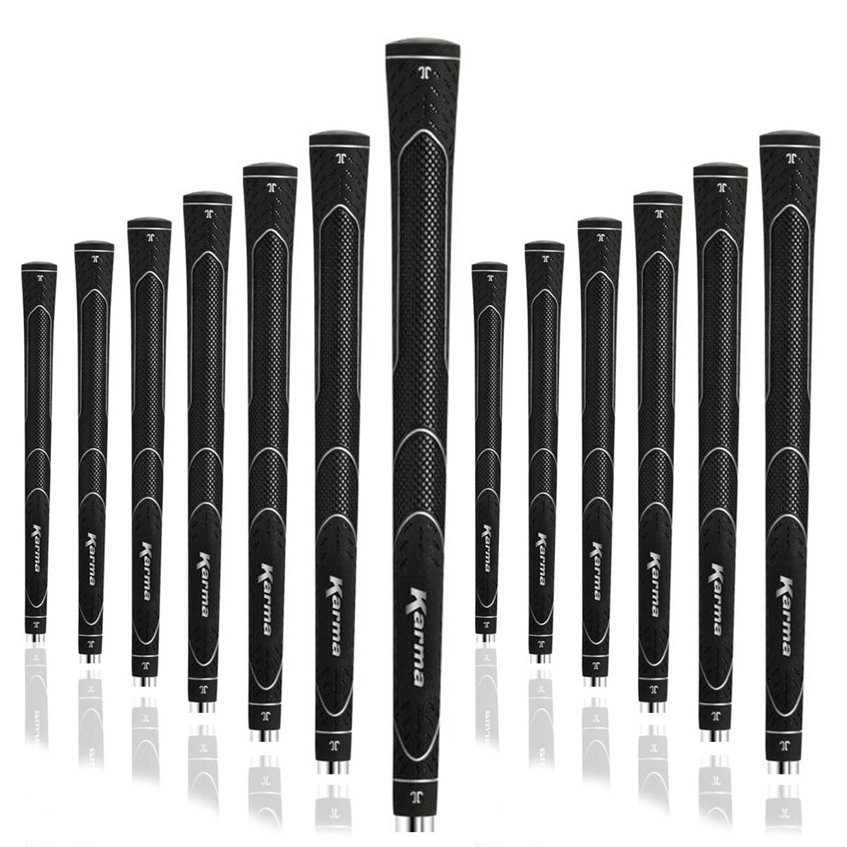 Karma Super Lite 13-piece grip set front view with black oversize grips for lighter swing