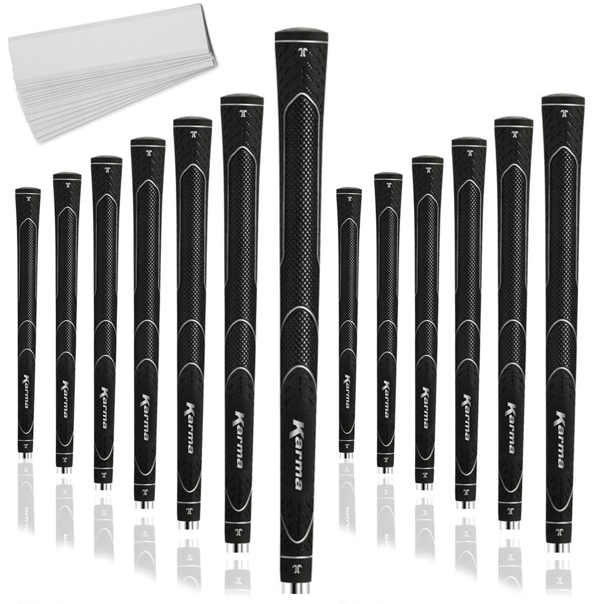 Karma Super Lite black midsize golf grips pack for quick full-set regripping and control.