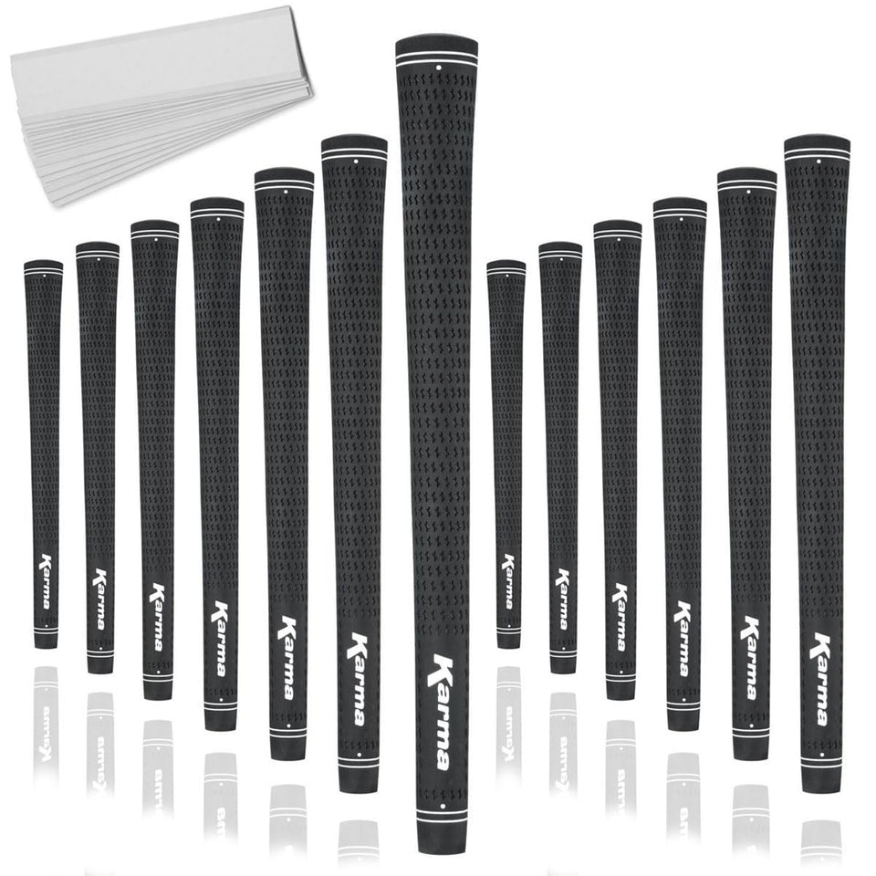 Karma Velour Ribbed Golf Grips front view in black with white logo, 13-pack