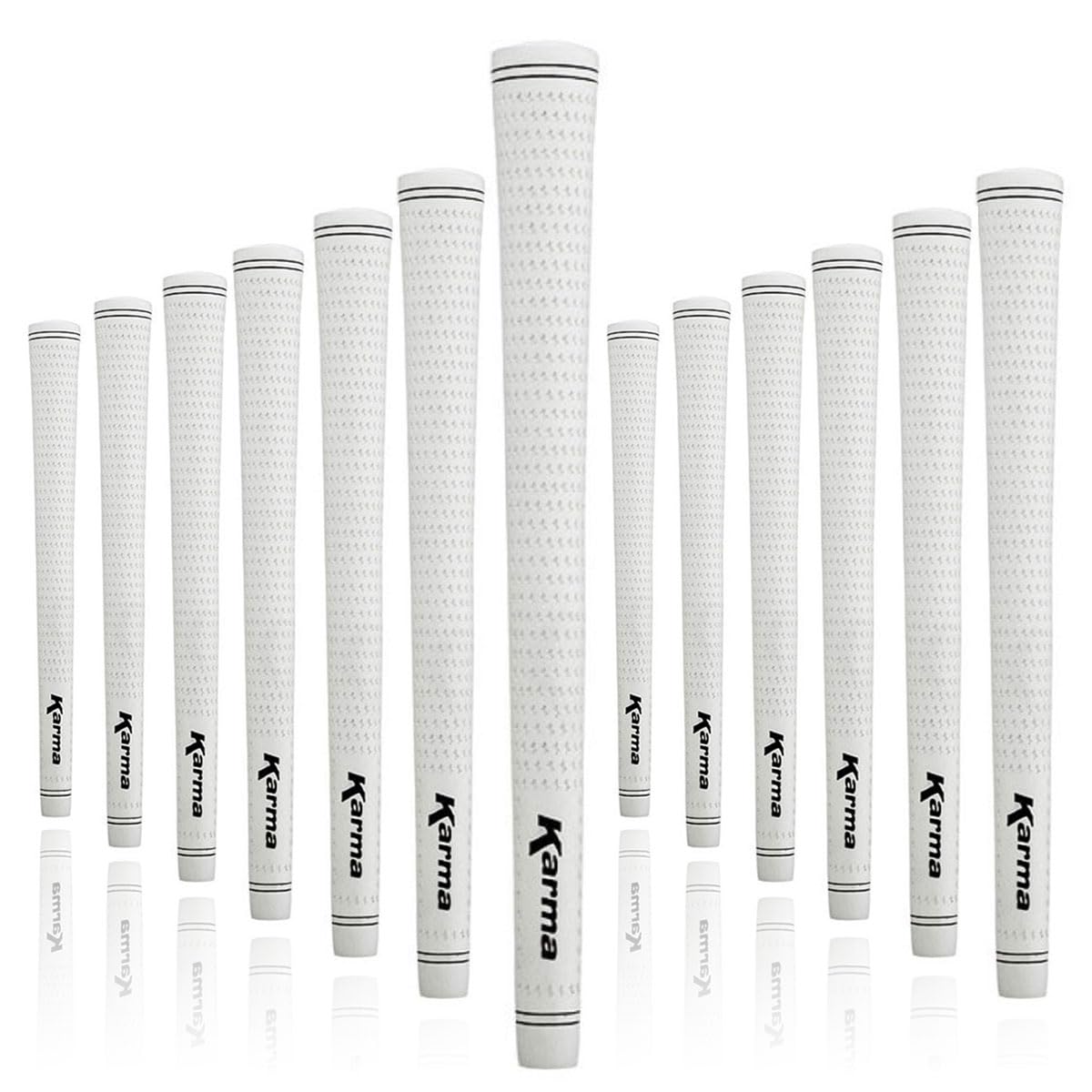 Karma Velour white midsize grip on a golf club for secure feel and control.
