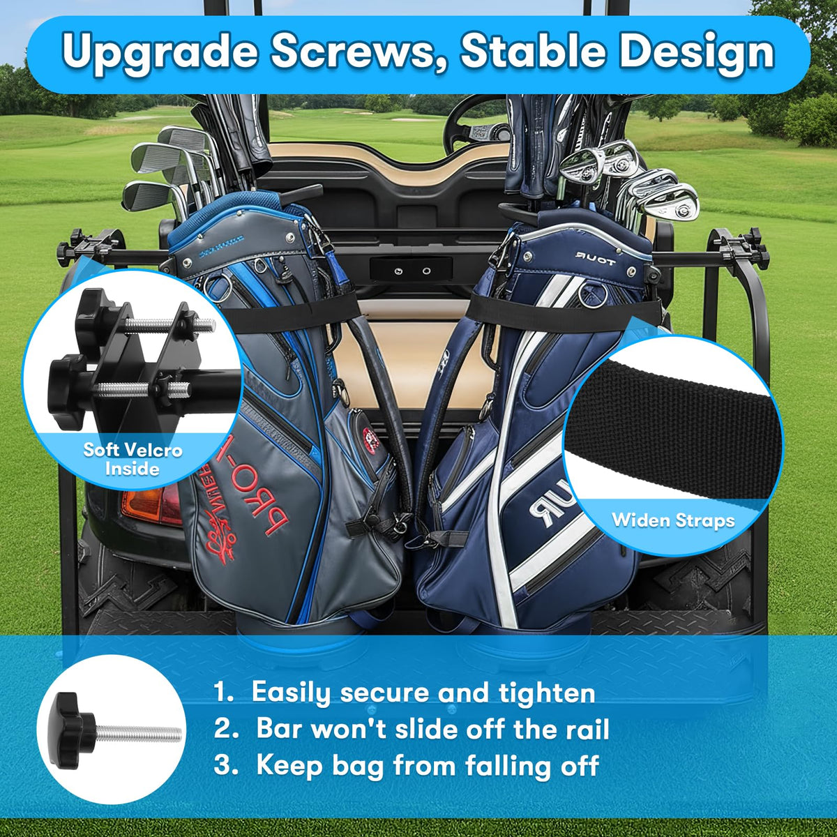 Kartols bracket installed on a 2+2 rear seat (Yamaha EZGO Club Car) for secure storage