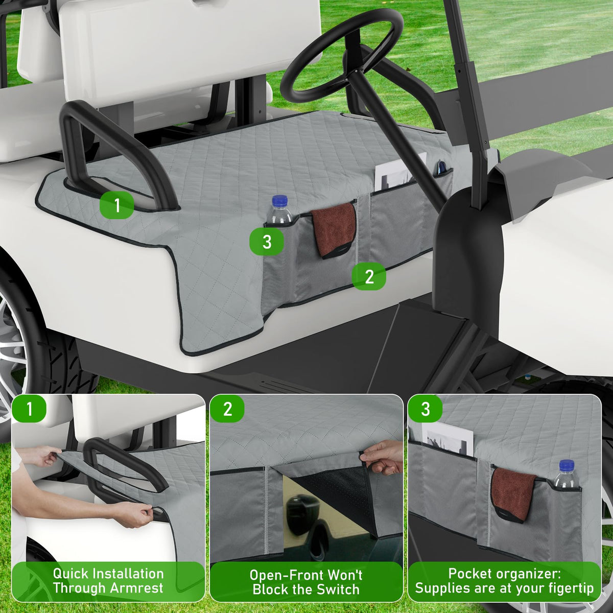 Kaskawise universal-fit cover fits most two-seat carts for quick setup