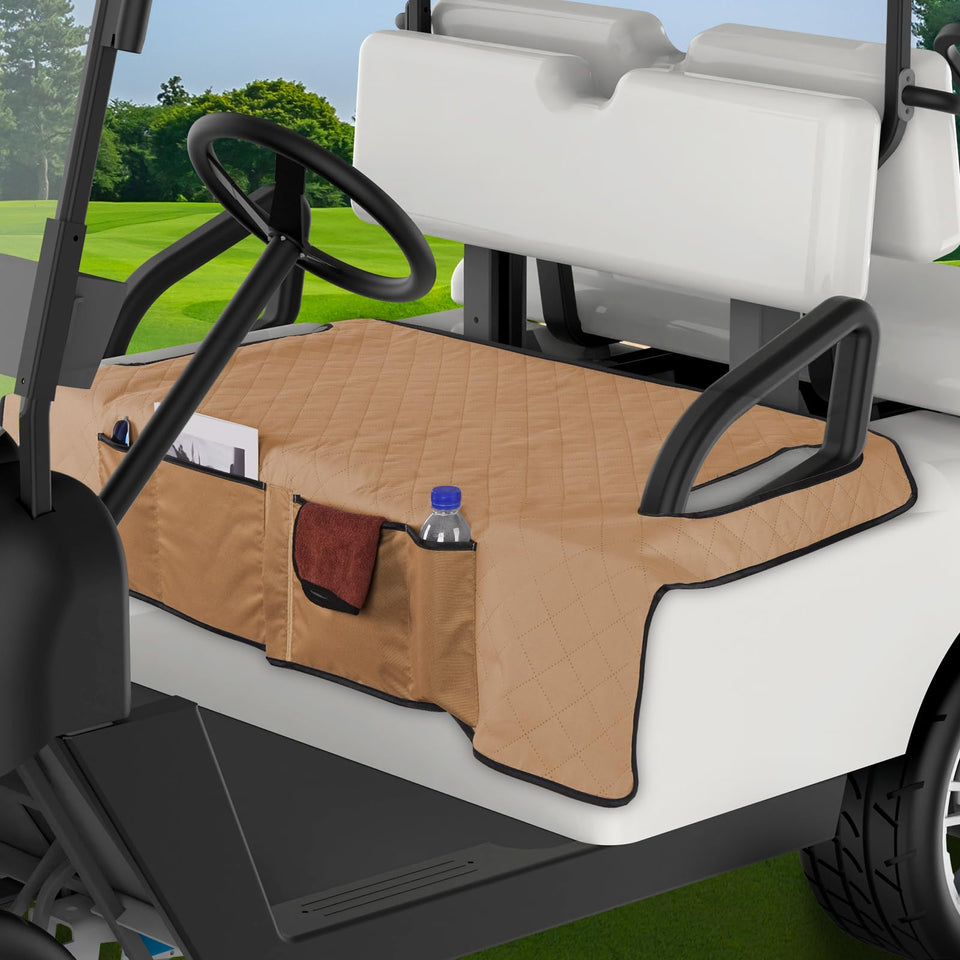 Kaskawise universal-fit golf cart seat cover protects two-seat interior