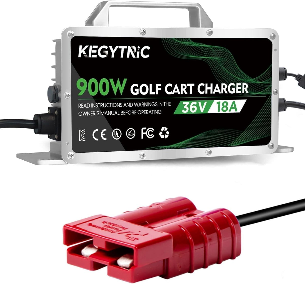 Kegytric 36V EZGO Marathon charger with SB-50 plug enabling safer, faster charging.