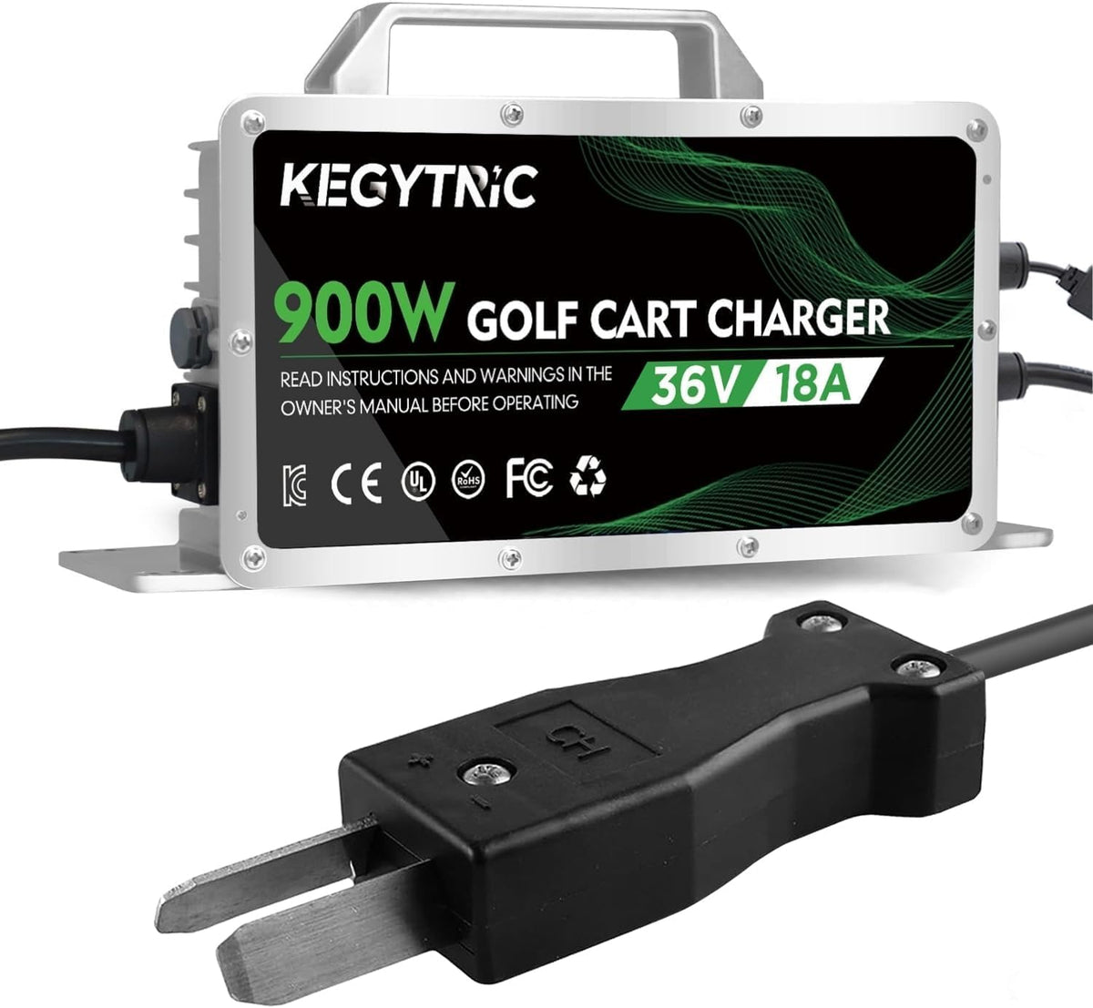 Kegytric 36V charger front view with LED indicators for quick status.