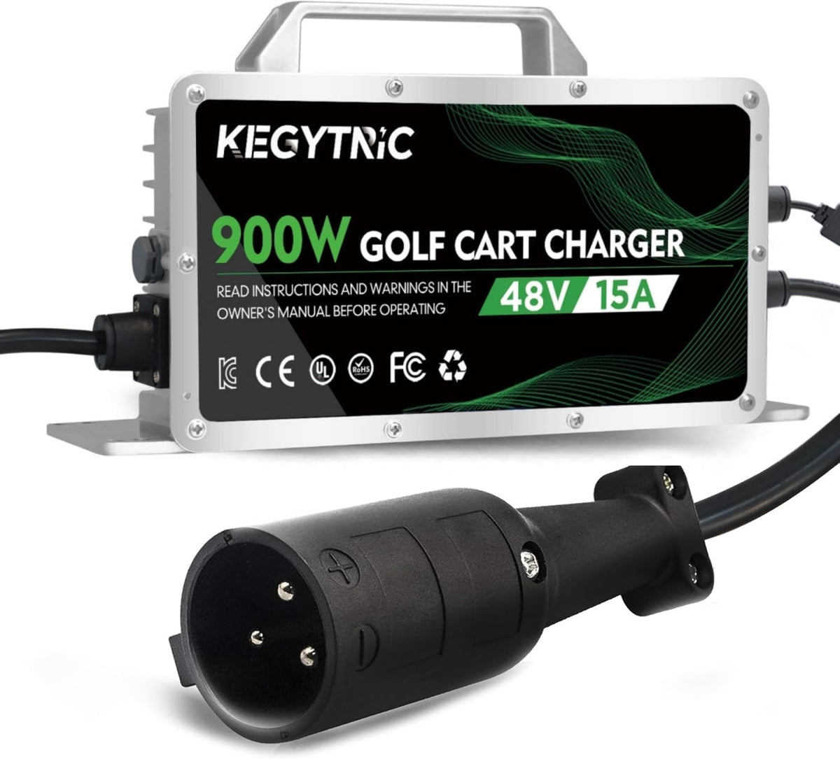 Kegytric 48V Club Car charger with 3-pin round plug for fast charging.