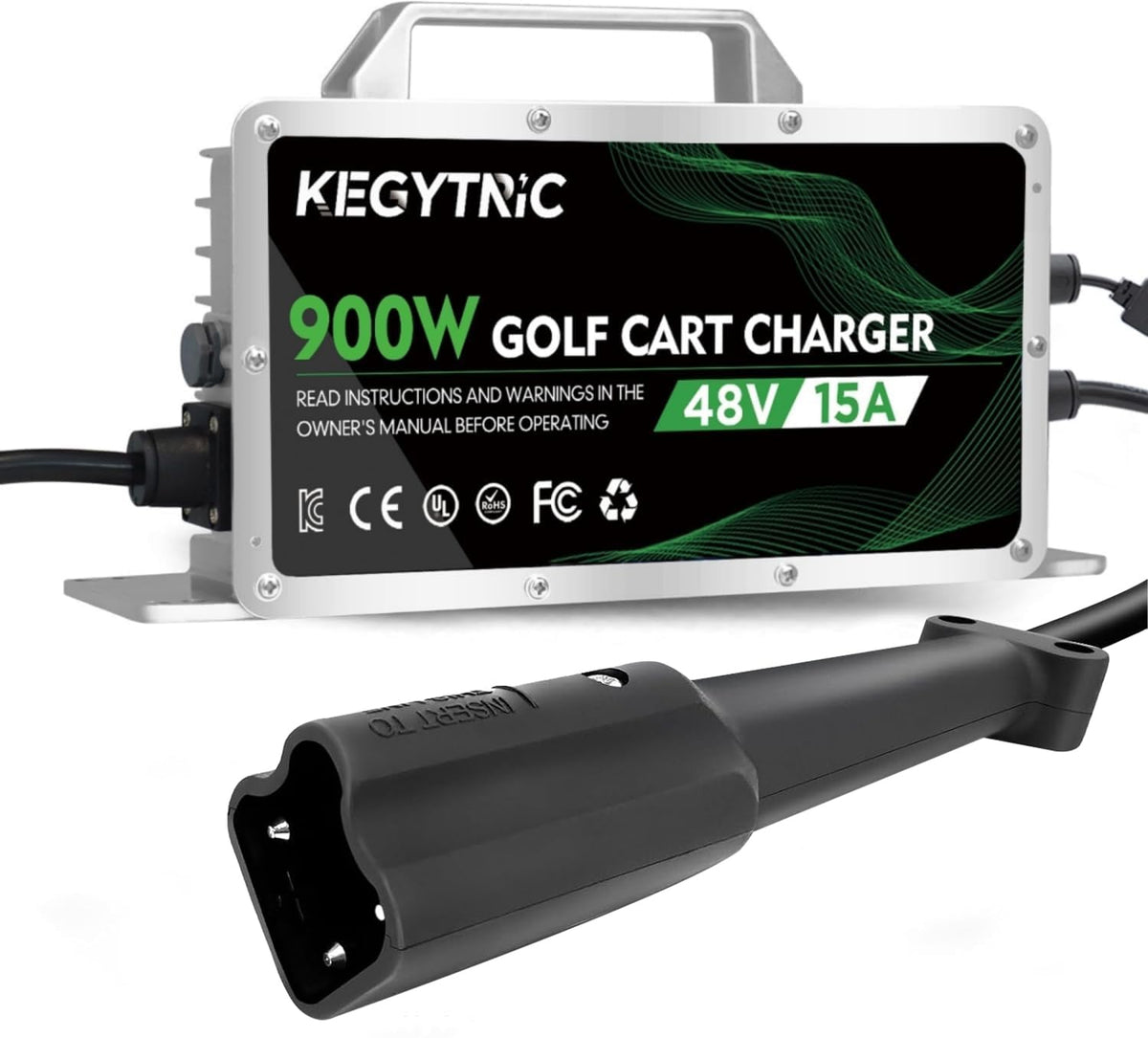 Kegytric 48V golf cart charger front view shows sturdy outdoor-ready construction.