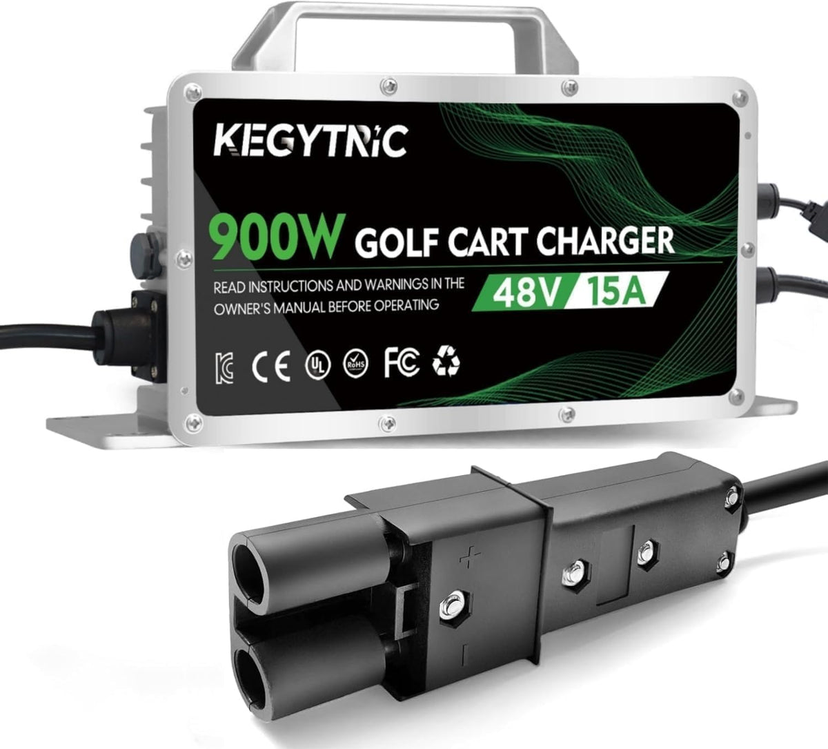 Kegytric 900W charger front view; compact, portable for Yamaha G19–G22, fast charging