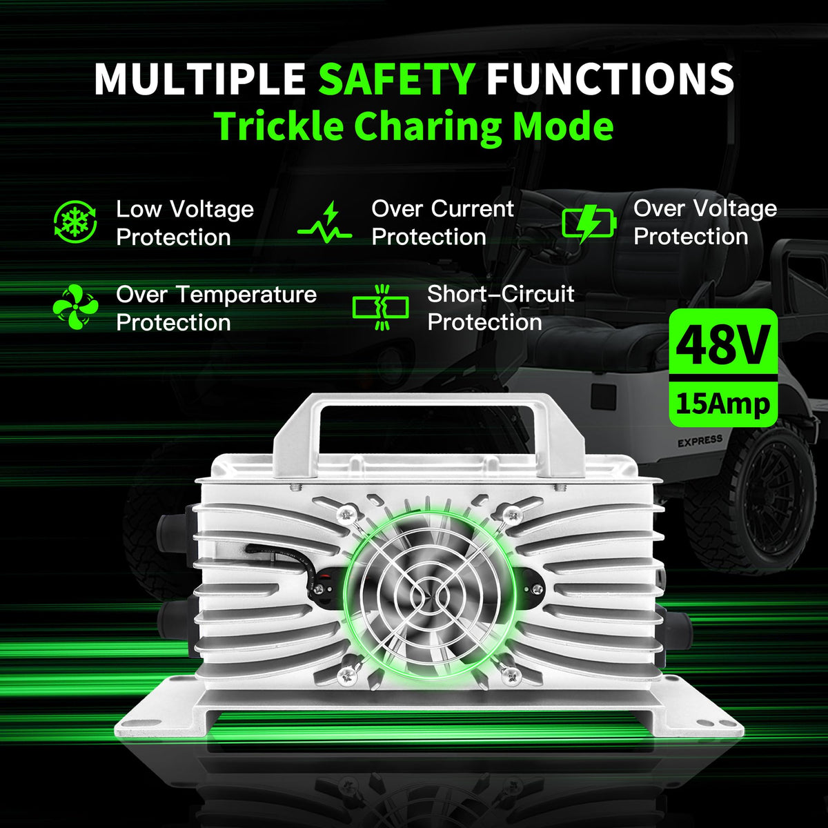 Kegytric charger features auto shut-off with a green charging indicator.