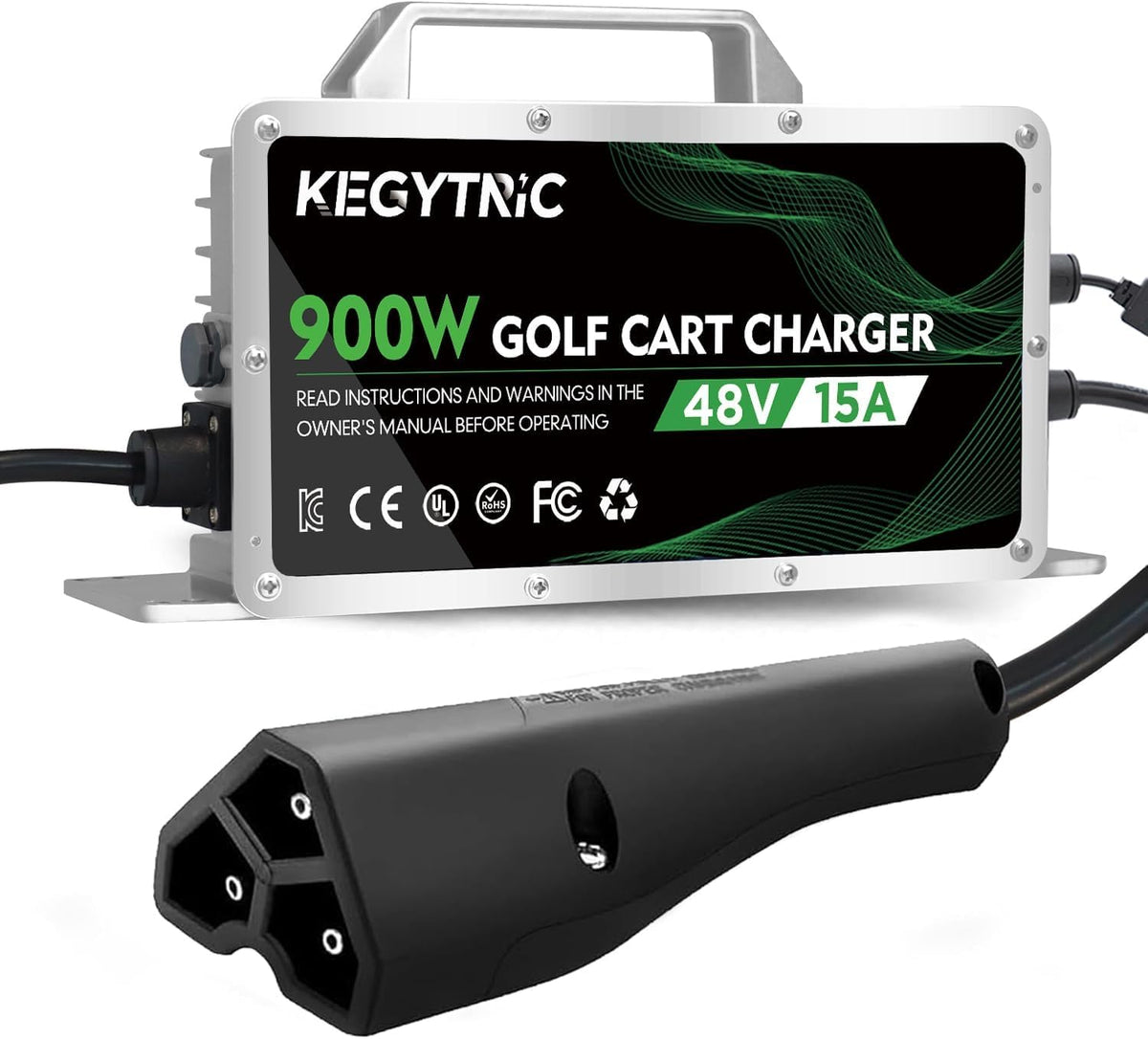 Kegytric golf cart charger front view showing 900W power for faster charging