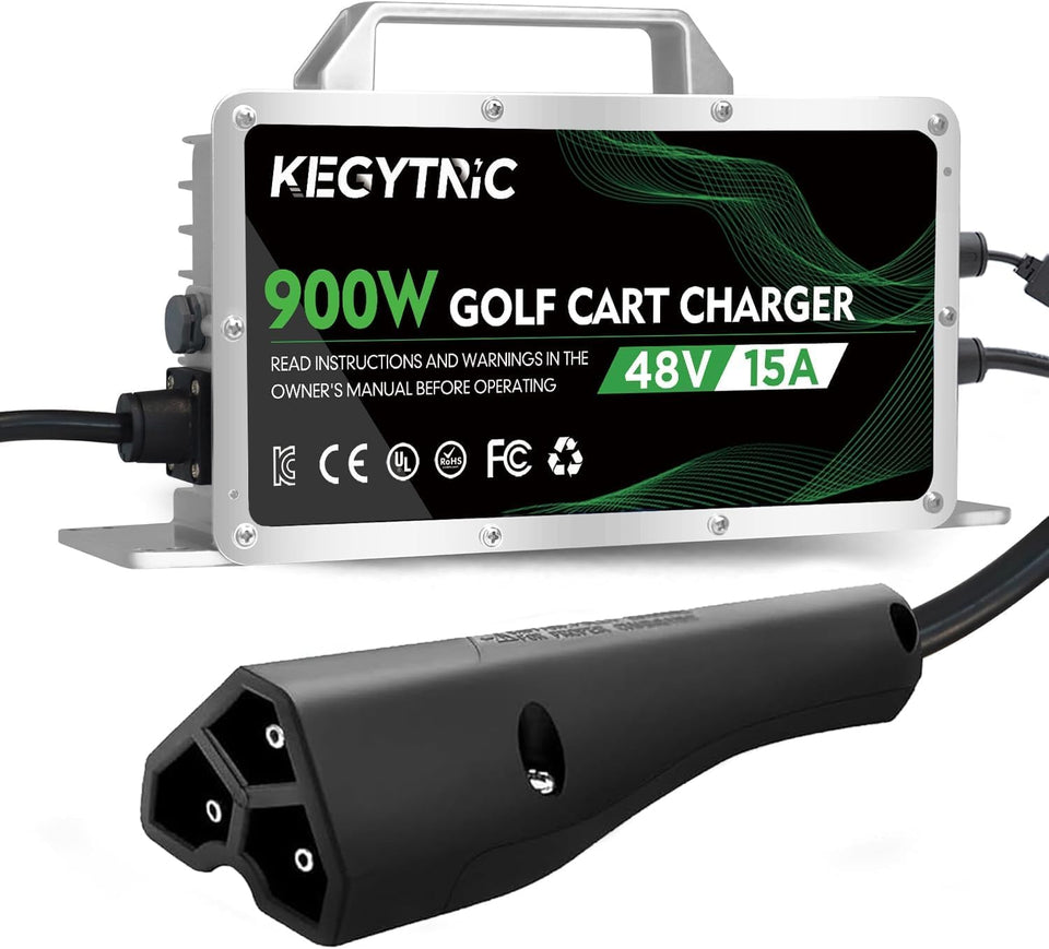 Kegytric golf cart charger front view showing 900W power for faster charging