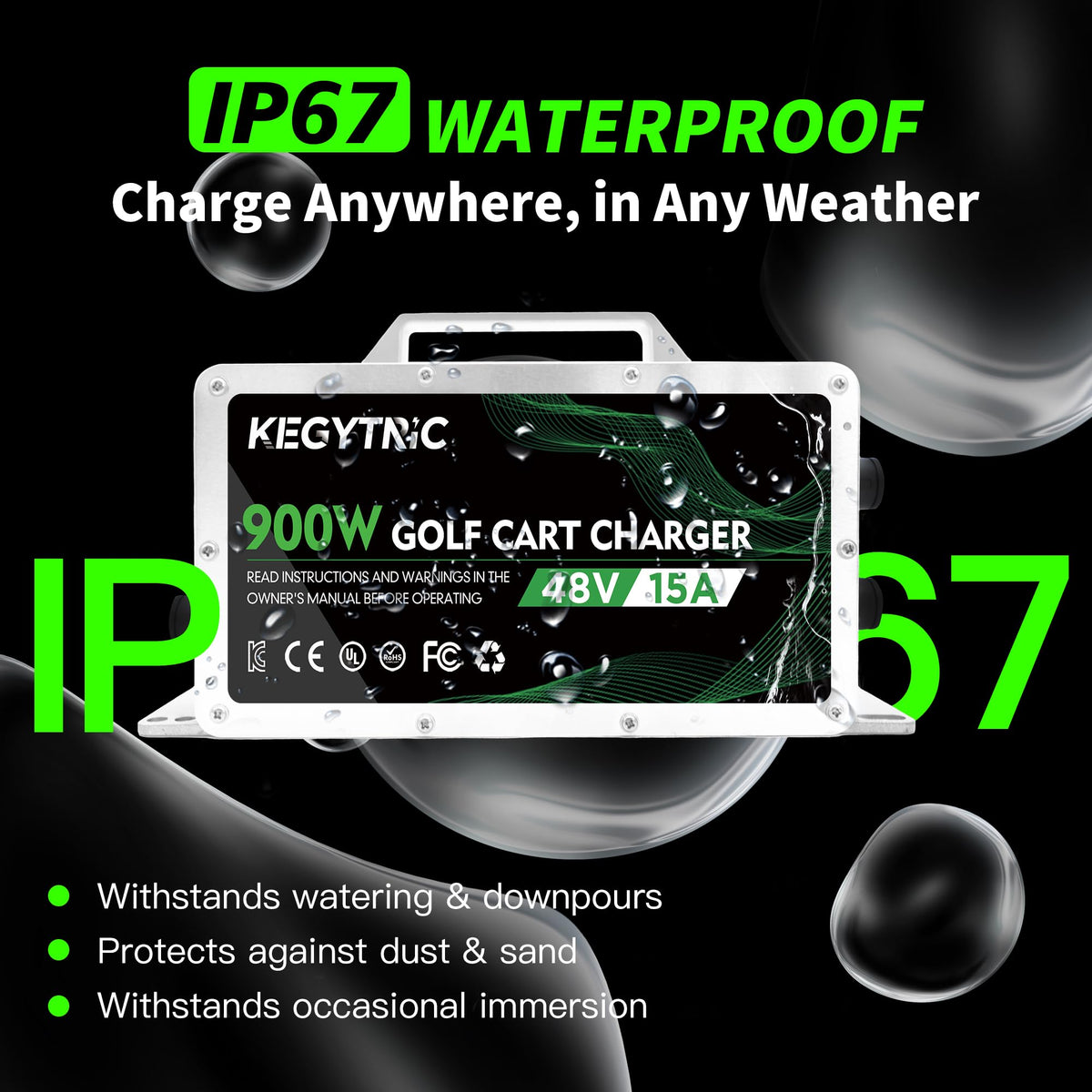 Kegytric IP67-rated charger image demonstrates weatherproof protection against rain and dust.