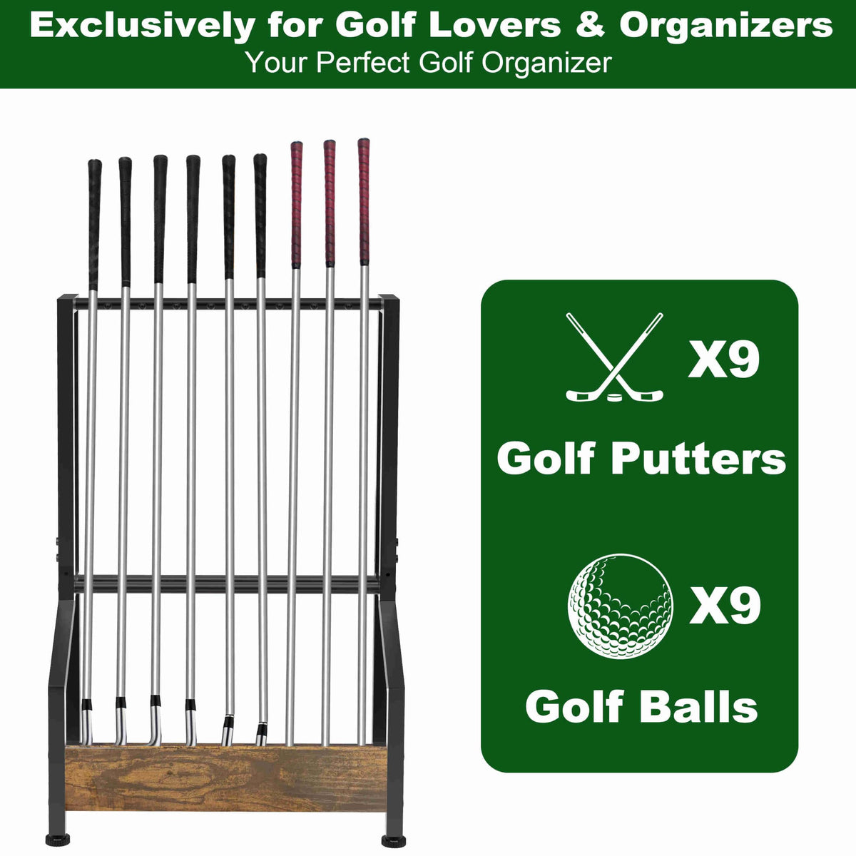 Kelmuis nine-club nine-ball display keeps clubs and balls organized and accessible