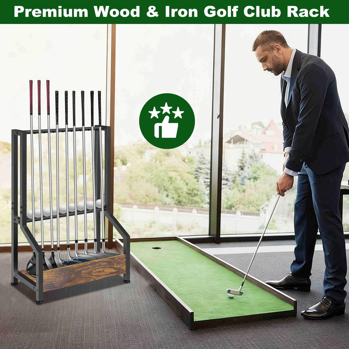 Kelmuis weighted base golf rack stays stable in garages and simulators