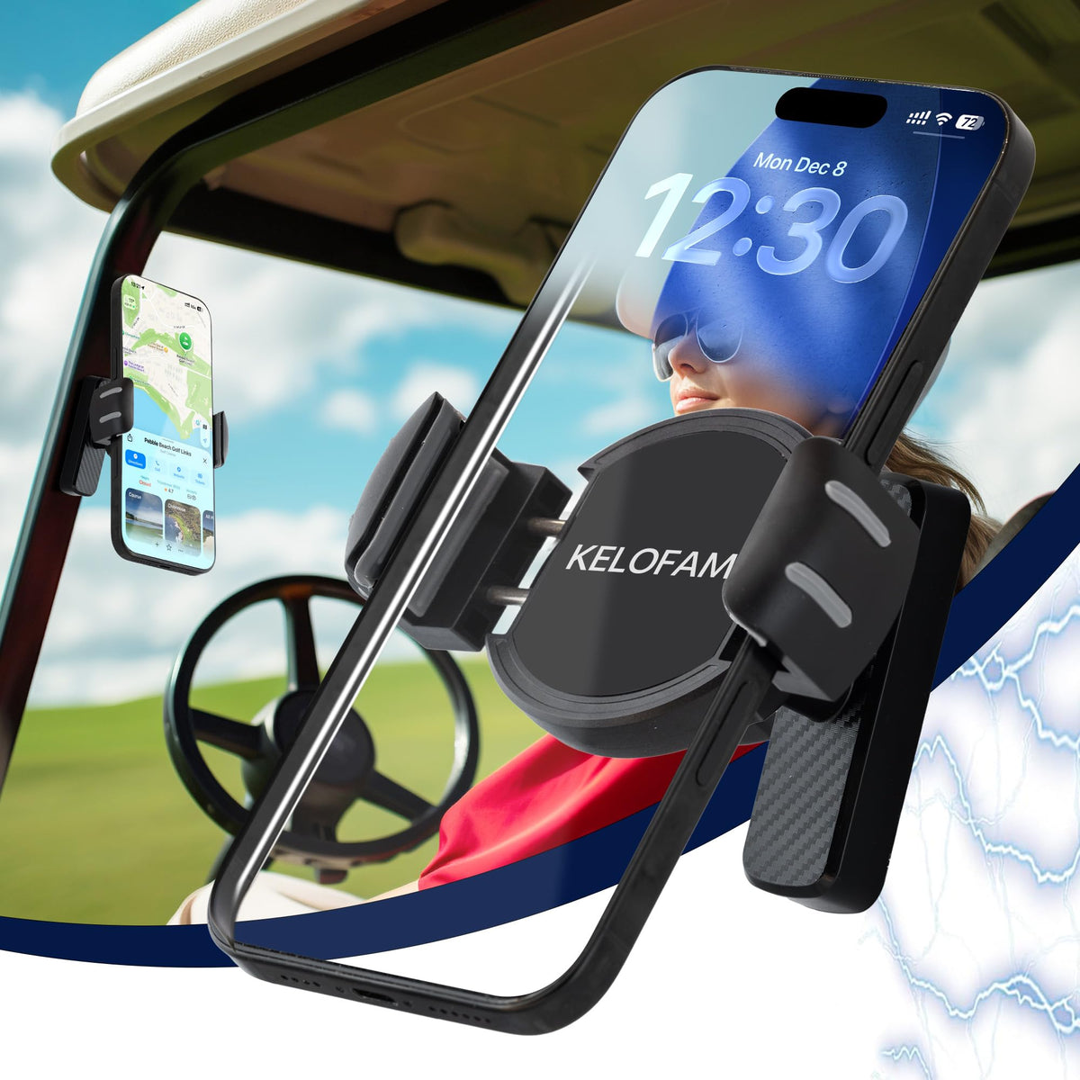 Kelofam golf cart phone holder clamps securely for rough terrain.